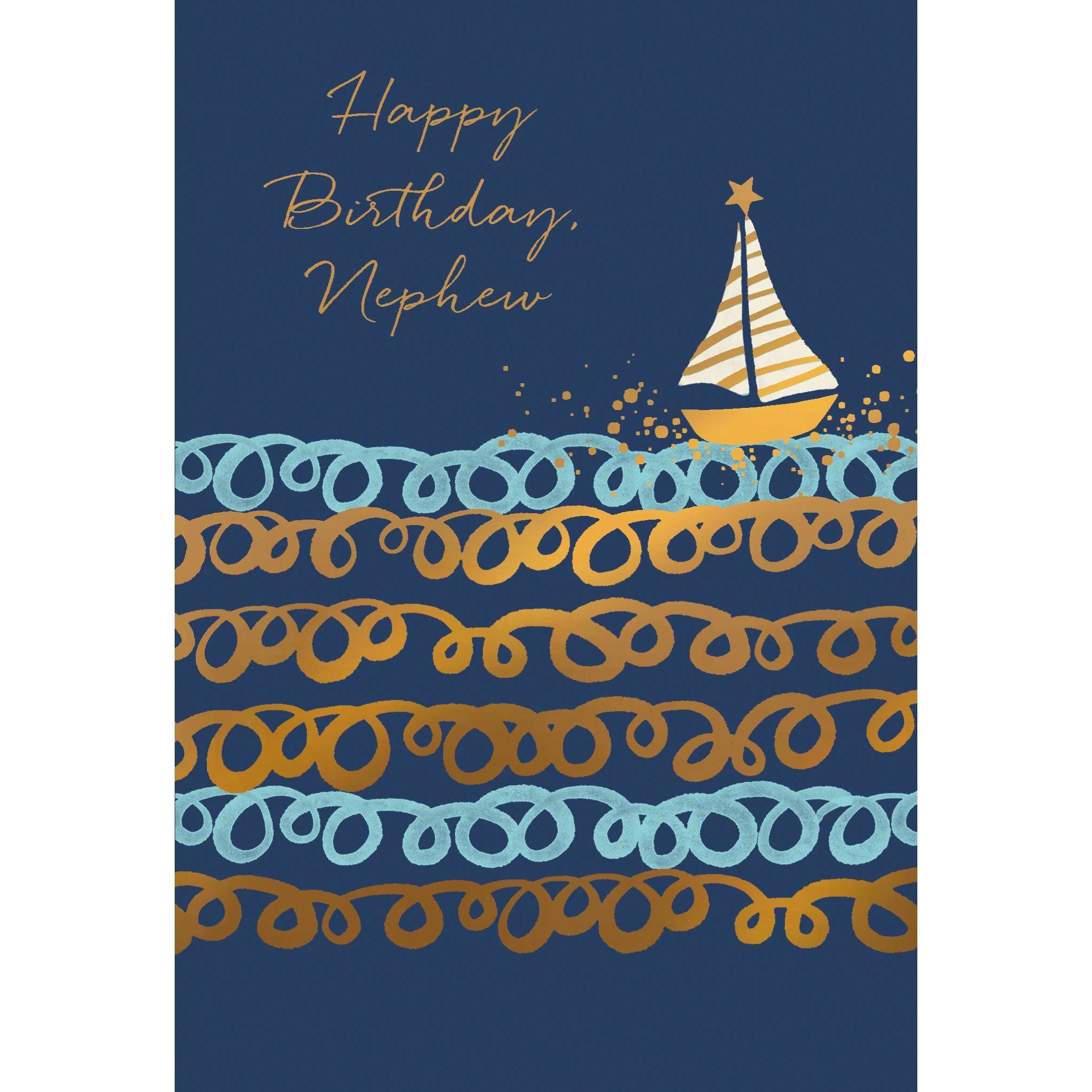 Pictura birthday card featuring a boat on waves, designed for nephews, with nautical theme and vibrant ocean imagery.